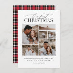 First Christmas red plaid photo collage modern Thank You Card<br><div class="desc">Our first Christmas multi photo holiday card. With editable bold modern,  text. Make it extra special by adding your own photographs. Part of a collection. Ideal for a couple in their first home or newly weds. Background colour can be customised,  choice of background pattern available.</div>