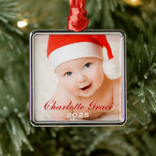 First Christmas Red Script Monogram Baby Photo Metal Tree Decoration