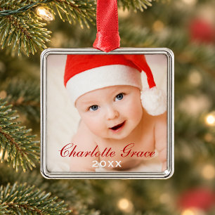 First Christmas Red Script Monogram Baby Photo Metal Tree Decoration