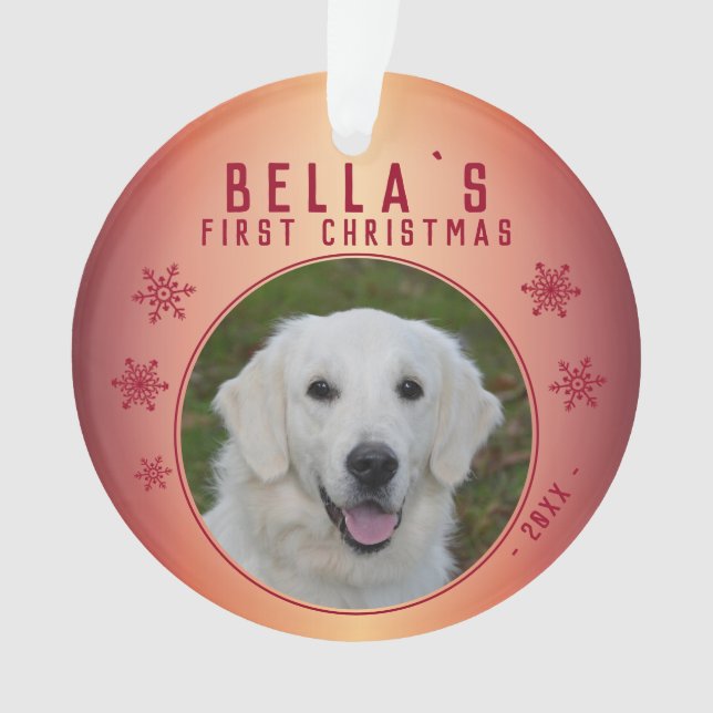 First Christmas Red Snowflake Puppy Photo Ornament (Front)
