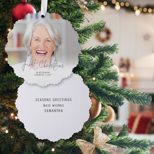 First Christmas Retired Name Year Photo Overlay Tree Decoration Card (Front and back view)