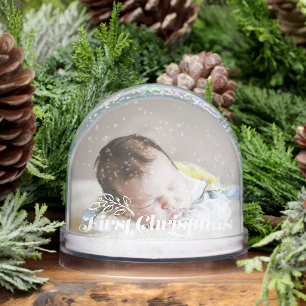 First Christmas Retro Typography Baby Photo Snowglobe