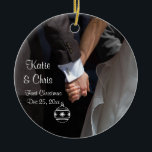 First Christmas Romantic and Elegant Ceramic Tree Decoration<br><div class="desc">A romantic and elegant wedding ornament commemorating your first christmas together as a married couple. A photograph of a couple holding hands. The image focuses on the couples hands clasped together in love, while wearing their fancy wedding attire. She in her wedding gown and he in his tux. The back...</div>