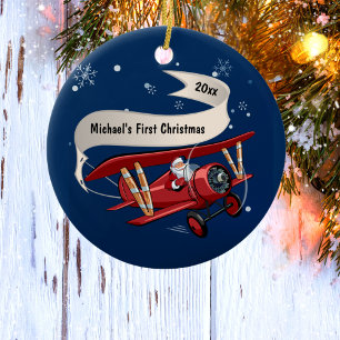 First Christmas Santa Flying Aeroplane Personalise Ceramic Tree Decoration
