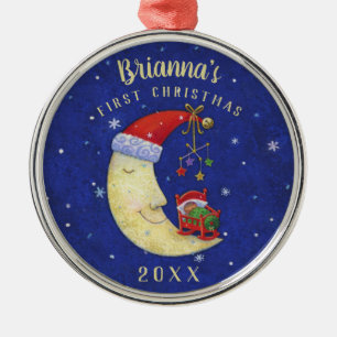 First Christmas Santa Moon w/ Baby Monogram Name Metal Tree Decoration