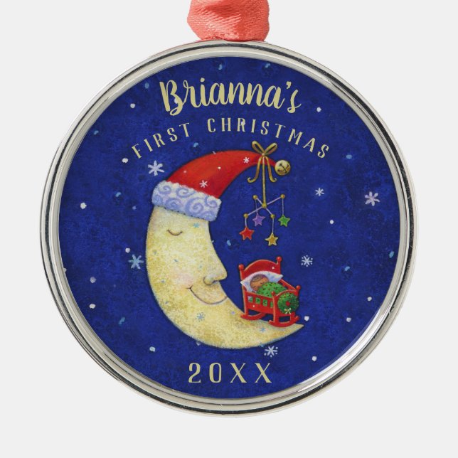 First Christmas Santa Moon w/ Baby Monogram Name Metal Tree Decoration (Front)