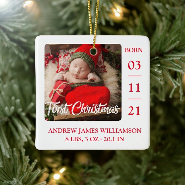 First Christmas Script Baby Birth Stats & Photo Ce Ceramic Ornament (Creator Uploaded)