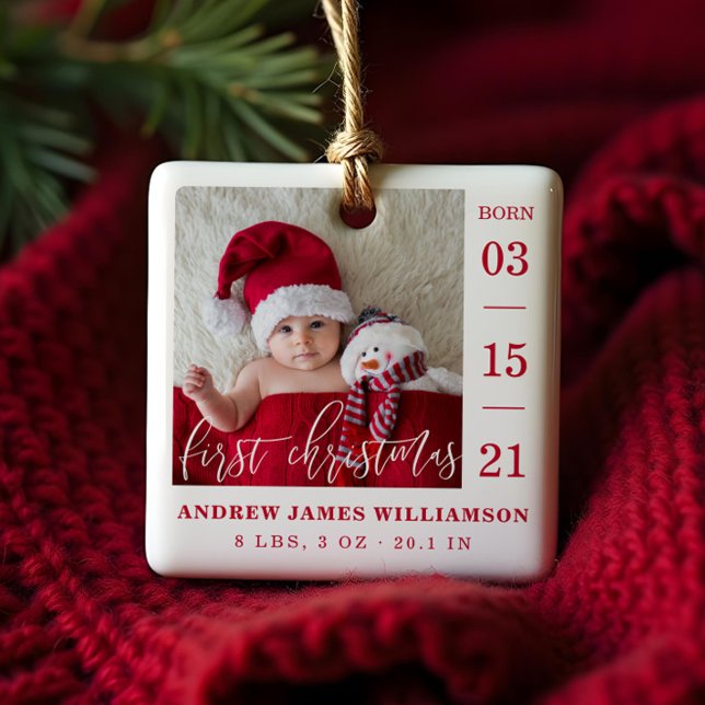 First Christmas Script Baby Birth Stats & Photo Ceramic Ornament (First Christmas Script Baby Birth Stats & Photo Ceramic Ornament)