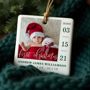 First Christmas Script Baby Birth Stats & Photo Ceramic Ornament