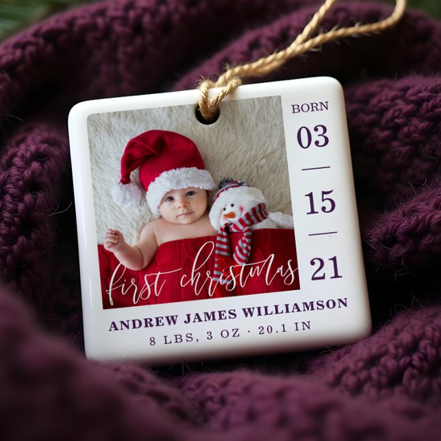 First Christmas Script Baby Birth Stats & Photo Ceramic Ornament (First Christmas Script Baby Birth Stats & Photo Ceramic Ornament)
