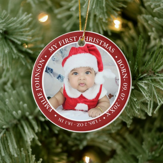 First Christmas Script Baby Birth Stats & Photo Ceramic Tree Decoration (Tree)