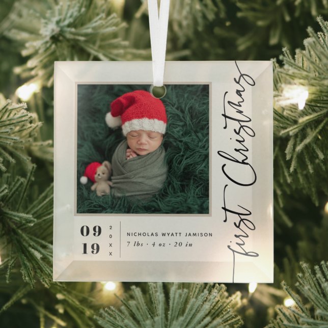 First Christmas Script Baby Birth Stats & Photo Glass Tree Decoration (Insitu)