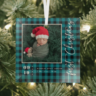 First Christmas Script Baby Birth Stats & Photo  Glass Tree Decoration