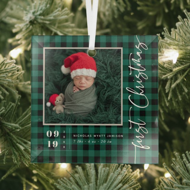 First Christmas Script Baby Birth Stats & Photo  Glass Tree Decoration (Insitu)