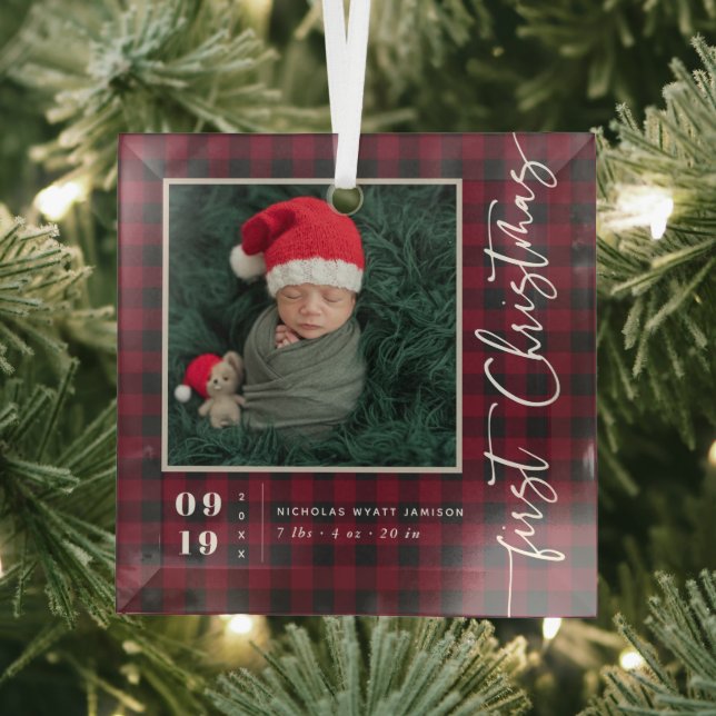 First Christmas Script Baby Birth Stats & Photo  Glass Tree Decoration (Insitu)