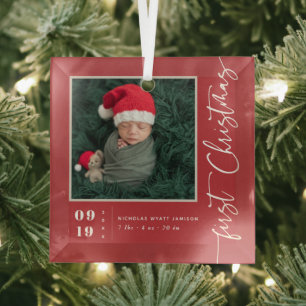 First Christmas Script Baby Birth Stats & Photo  Glass Tree Decoration