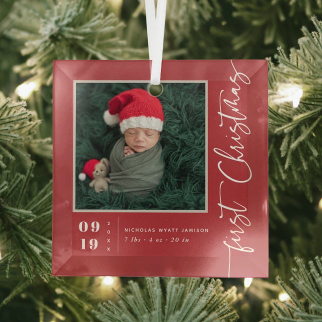 First Christmas Script Baby Birth Stats & Photo  Glass Tree Decoration (Insitu)