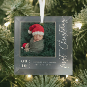 First Christmas Script Baby Birth Stats & Photo Glass Tree Decoration