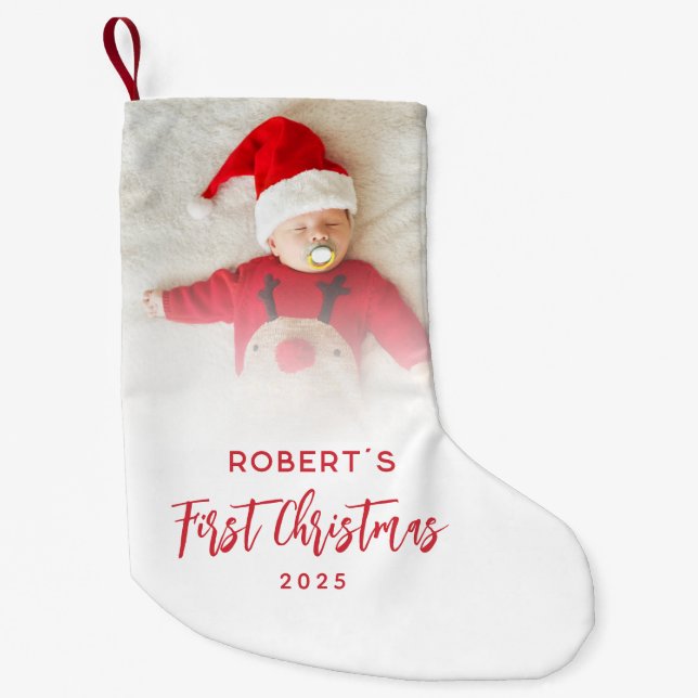 First Christmas Script Baby Photo Custom Small Christmas Stocking (Front)