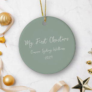 First Christmas Script Baby Photo Sage Green Ceramic Tree Decoration