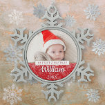 First Christmas Script Baby Photo  Snowflake Pewter Christmas Ornament<br><div class="desc">Modern baby photo first Christmas script snowflake pewter Christmas ornament. Personalise with your favourite baby photo along with your little one's name and date to create a unique memory and gift. A beautiful keepsake to celebrate your new arrival! Designed by Thisisnotme©</div>