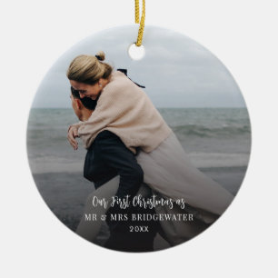 First Christmas Script Couples Photo Minimalist Ceramic Tree Decoration