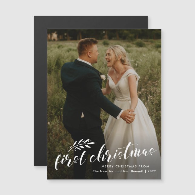 First Christmas Script Wedding Photo Holiday Card (Front/Back)