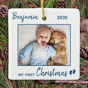 First Christmas Simple Minimalist Blue Baby Photo Ceramic Ornament