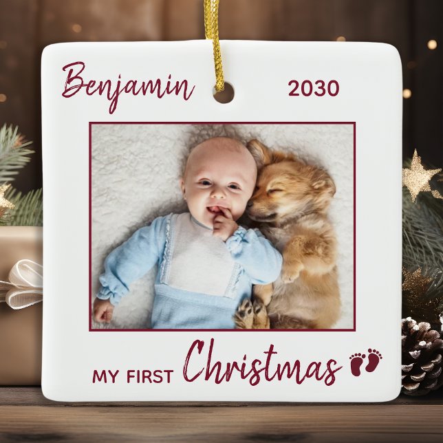 First Christmas Simple Minimalist Cute Baby Photo Ceramic Ornament (Creator Uploaded)