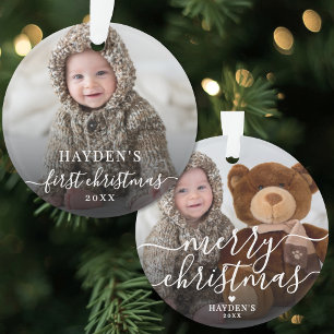 First Christmas Simple Script Baby Photo Ornament