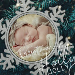 First Christmas Simple Script Custom Baby Photo Snowflake Pewter Christmas Ornament<br><div class="desc">This simple and classic design is composed of serif typography and add a custom photo and year.</div>