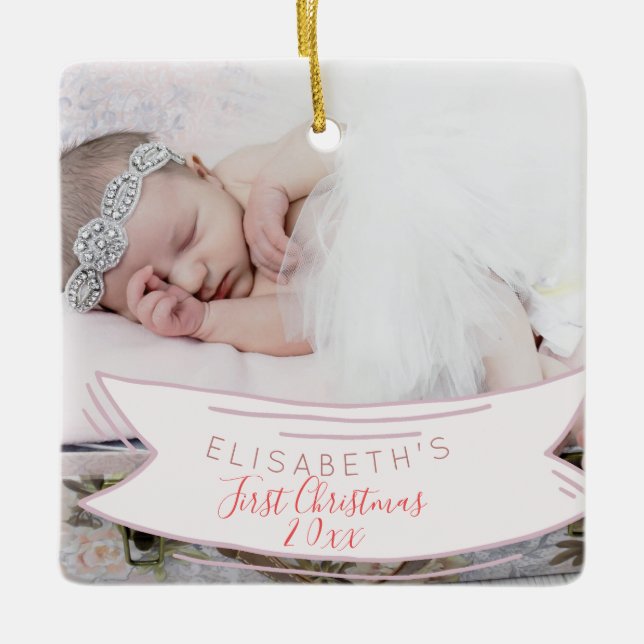 First Christmas simple script newborn baby photo Ceramic Ornament (Front)