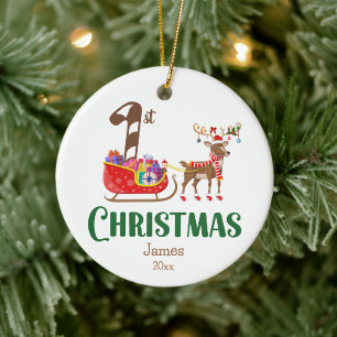 First Christmas Sleigh Reindeer Name Colourful   Ceramic Tree Decoration