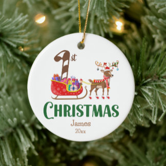 First Christmas Sleigh Reindeer Name Colourful   Ceramic Tree Decoration
