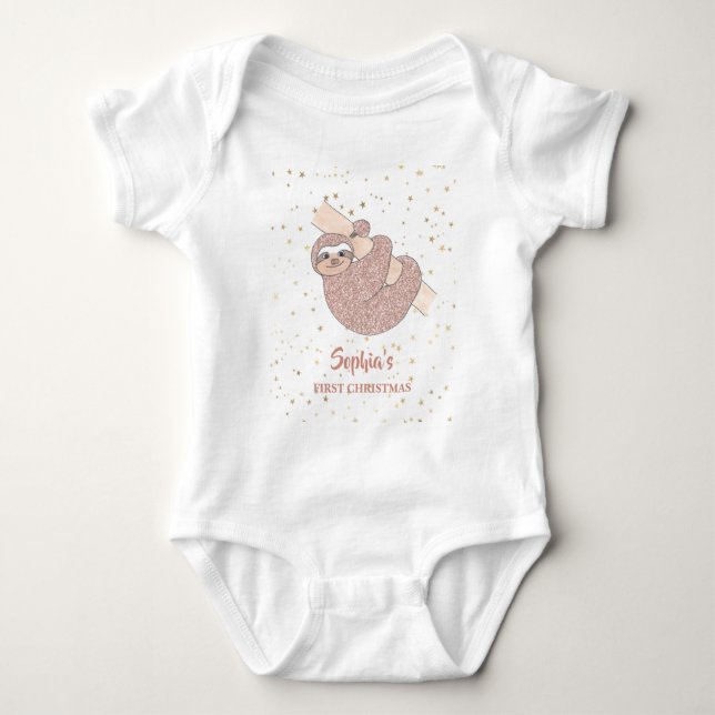 First Christmas Sloth Baby's Name Baby Bodysuit (Front)