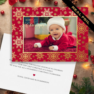 First Christmas Snowflake Frame Gold Red Foil Holiday Card