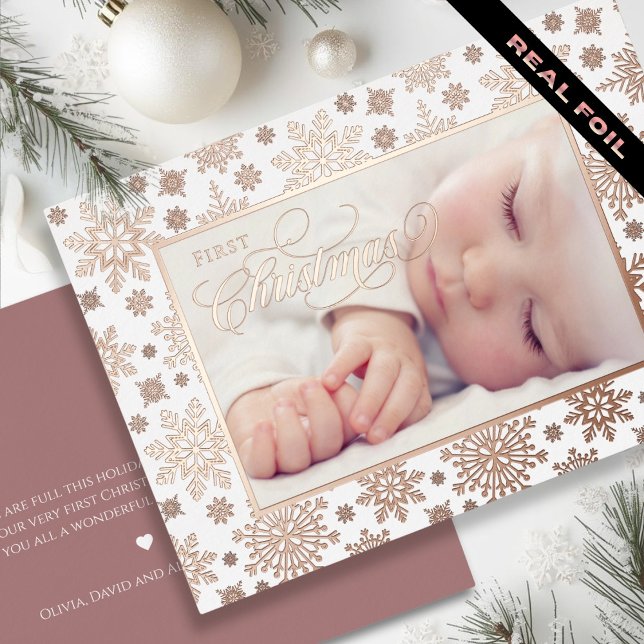 First Christmas Snowflake Frame Rose Gold  Foil Holiday Card (First Christmas Snowflake Rose Gold Frame Foil Holiday Card - back personal greeting)