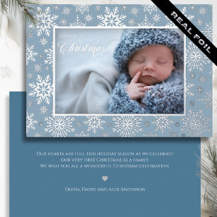 First Christmas Snowflake Frame Silver Blue Foil Holiday Card