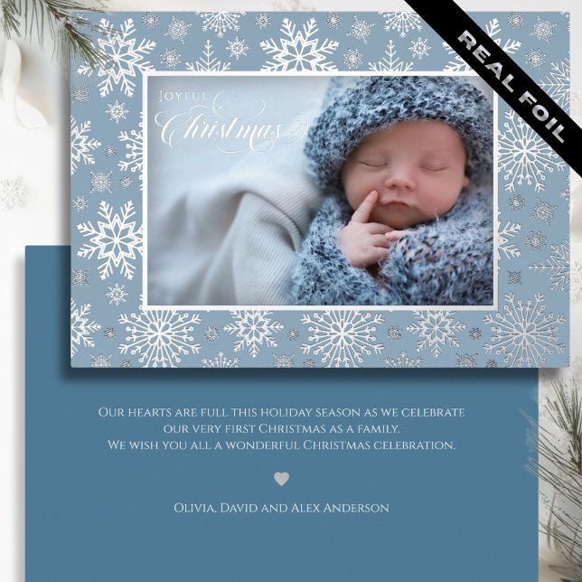 First Christmas Snowflake Frame Silver Blue Foil Holiday Card (First Christmas Snowflake Frame Silver Blue Foil Holiday Card with back custom greeting)