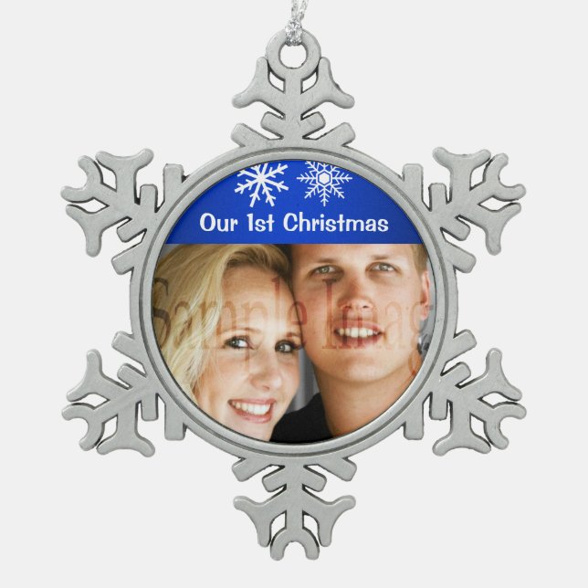 First Christmas snowflake holidays Snowflake Pewter Christmas Ornament (Front)