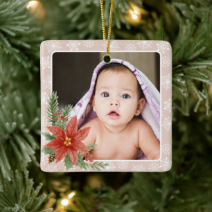 First Christmas SnowFlakes Floral Pink Photo Gift Ceramic Ornament