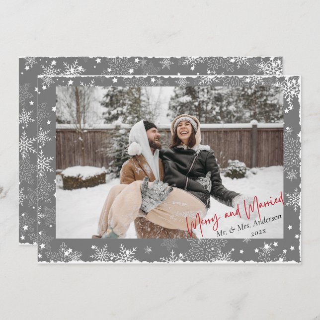 First Christmas Snowflakes Merry and Married Photo Holiday Card (Front/Back)