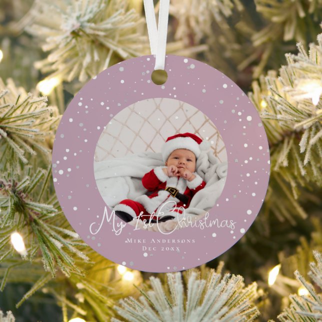 First Christmas snowflakes photo Elegant Magenta  Metal Tree Decoration (Insitu)