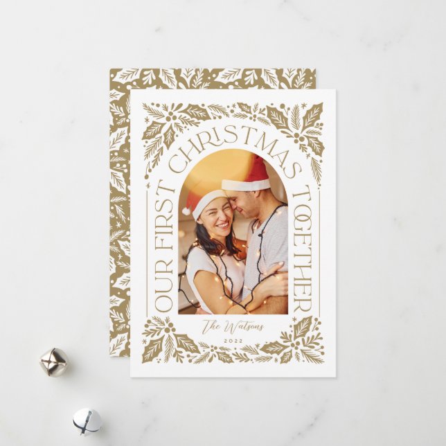 First Christmas Together Arch 3 Photo Collage Holiday Card (Front/Back In Situ)