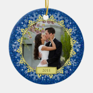 First Christmas Together Blue Snowflake Photo Ceramic Tree Decoration