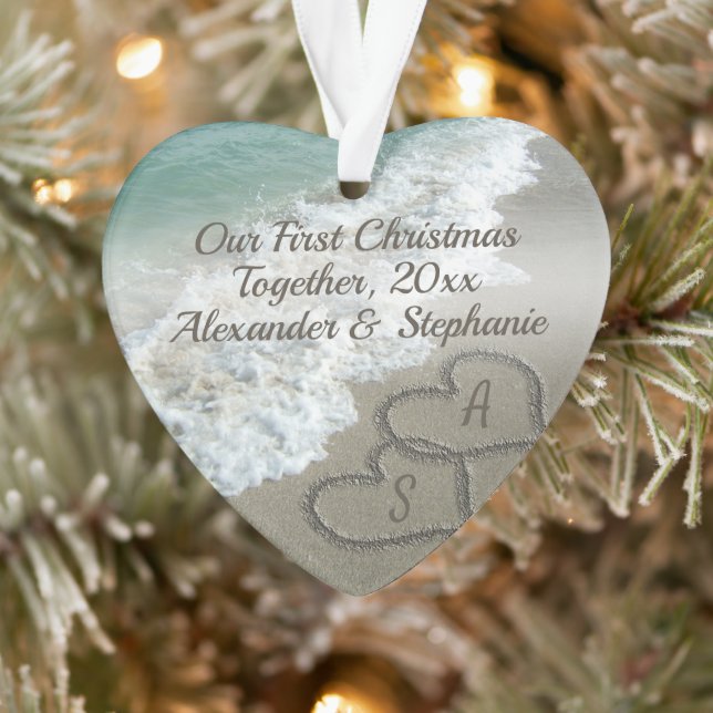 First Christmas Together Couple Hearts Beach Sand Ornament (Tree)