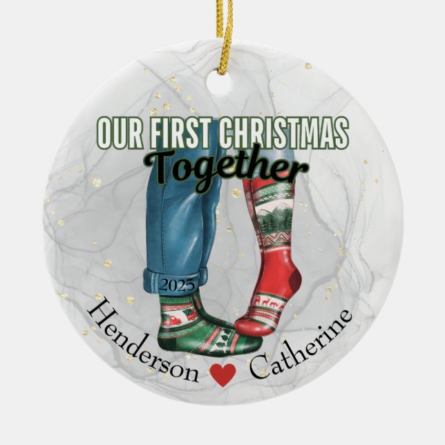 First Christmas Together Couple in Socks Ceramic Tree Decoration (Front)