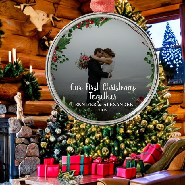 First Christmas Together couple newlyweds photo Metal Tree Decoration (Unique Our first Christmas together photo ornament. You can add your own photo, names and text.)