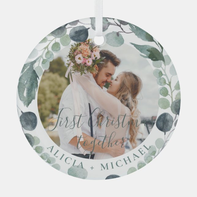 First Christmas together couple photo names Glass Tree Decoration (Front)
