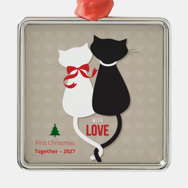 First Christmas Together – Cute Cat Couple Holiday Metal Tree Decoration (Front)